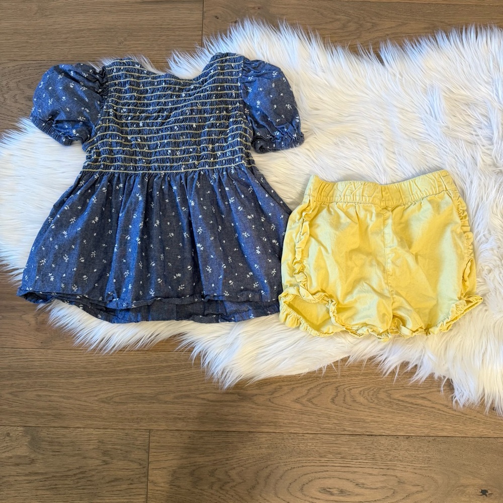 Blue Floral Dress and Yellow Shorts Set